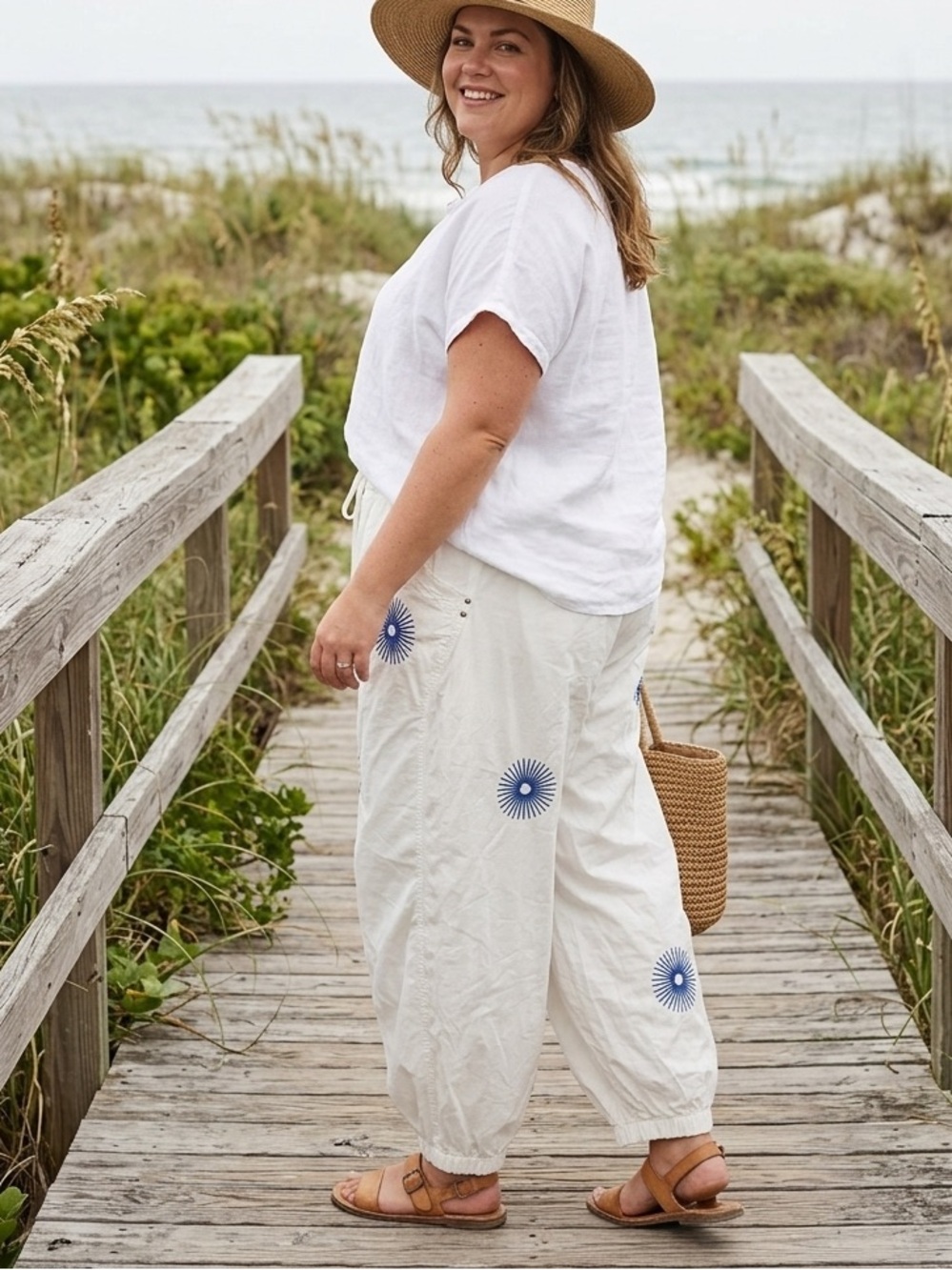 Pilcro White Jogger Pants with Blue Sunburst Accents